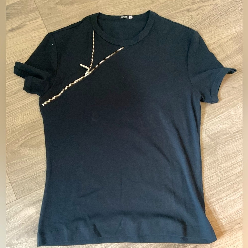 VERSACE Vintage Jean Couture Dark Blue T Shirt with Faux Zipper.